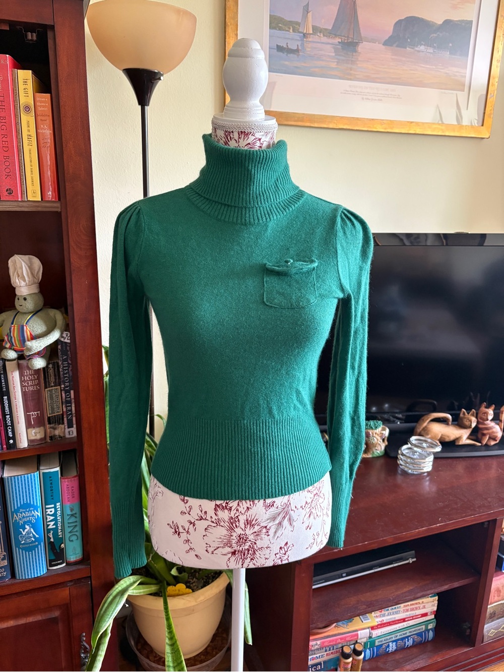 Vintage Emerald Green Turtleneck Sweater with Chest Pocket